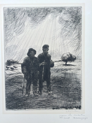 Two men walk on road
