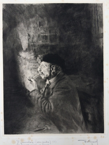 old man smoking a pipe at a desk