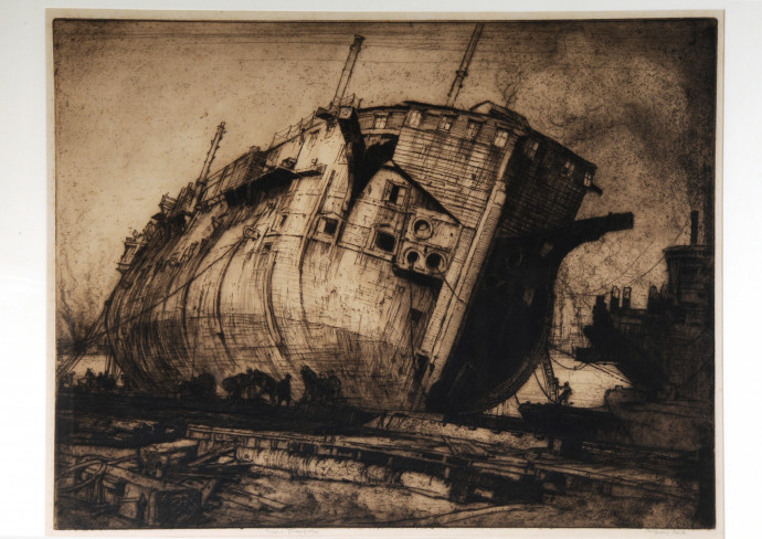 Etching of a ship in a dry dock
