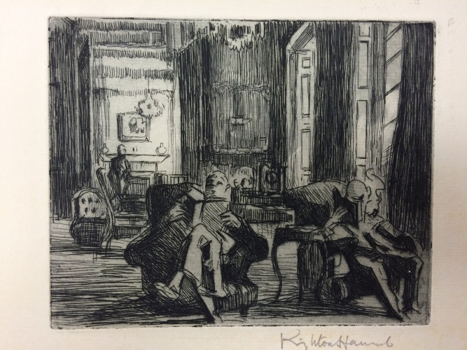 interior room with two men in armchairs