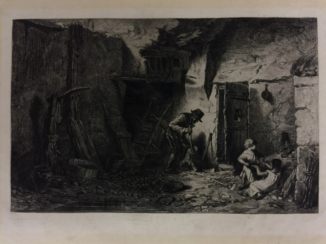 yard outside a farm where a man is working and two children play