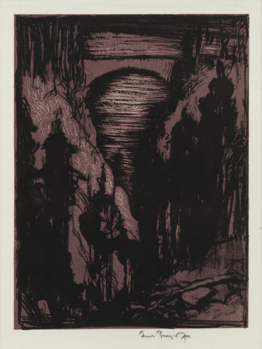 A night scene showing a high bridge behind large trees