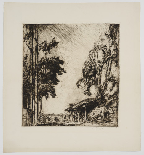 Rural scene showing people and cattle on a country road