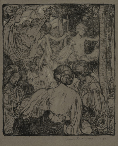Monochrome print showing women playing instruments and dancing in the woods