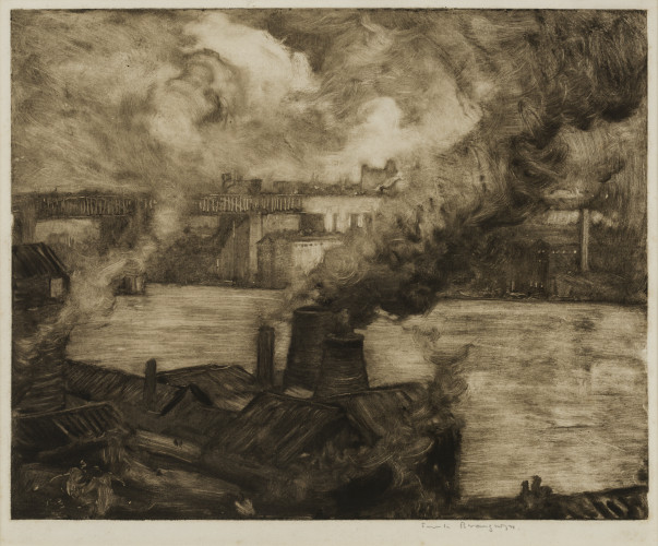 Industrial scene of smoke rising from chimneys by the river