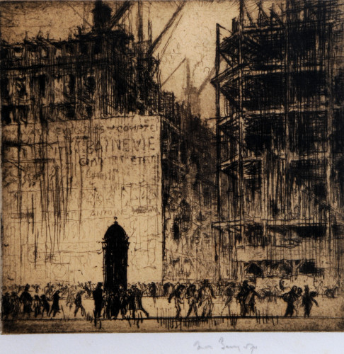 Etching of buildings under scaffolding