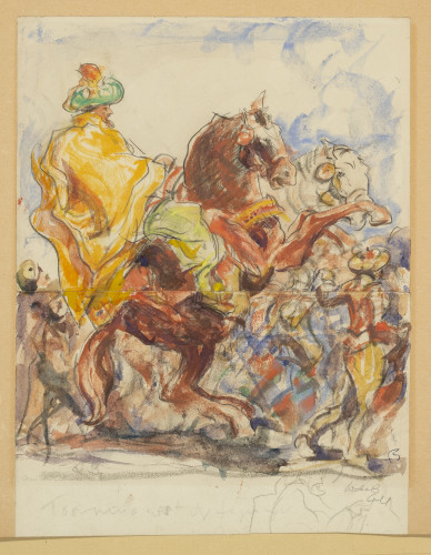 Man in turban on horseback with more figures in background