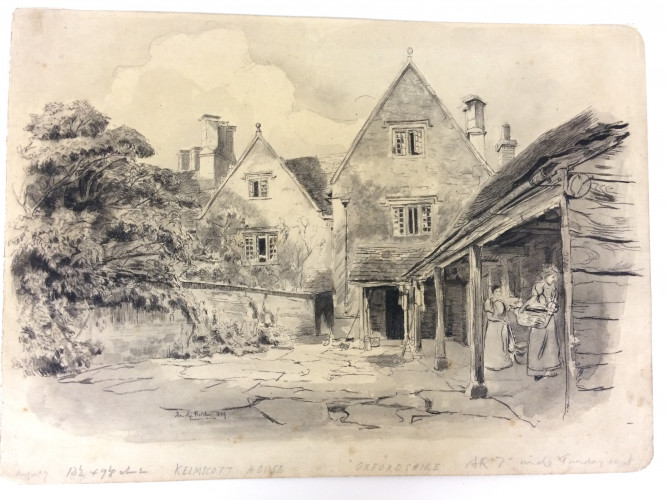 Two women with baskets outside the manor house