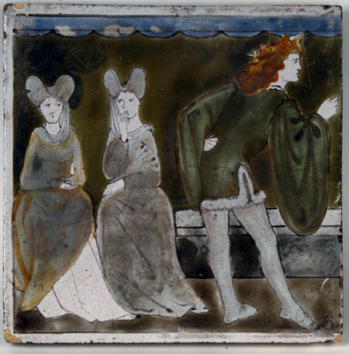 Tile showing two seated ladies and the Prince standing