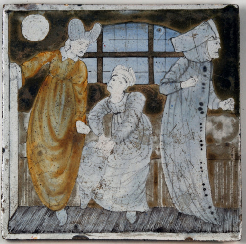 Tile showing CInderella's three sisters trying on the slipper