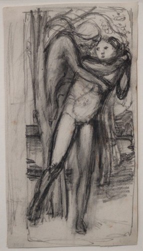 A pencil drawing of a figure emerging from a tree trunk to embrace another figure