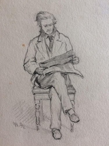man seated on stool with newspaper