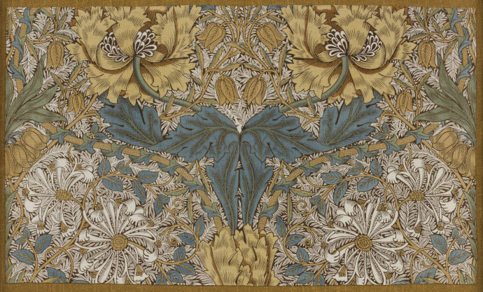 Floral design in yellows, blues and greens with honeysuckle flowers and large leaves