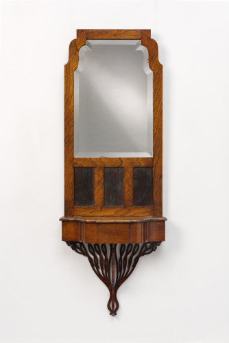 Wooden wall mirror with glove compartment and fretwork detail underneath