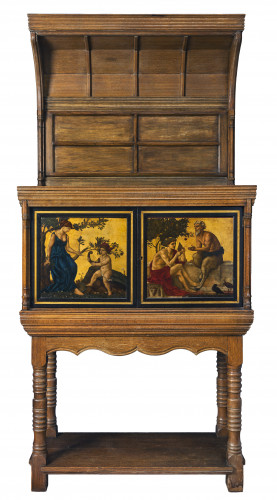 A large wooden cabinet with elaborate painted doors