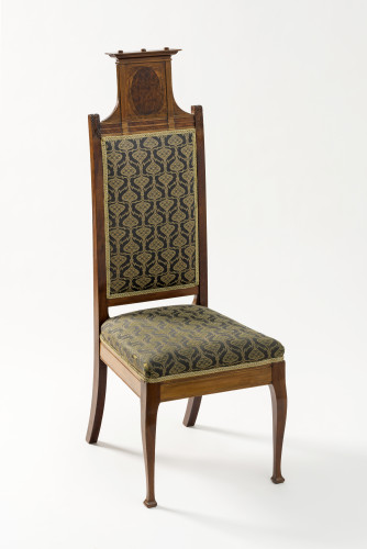 An wooden chair with fabric seating
