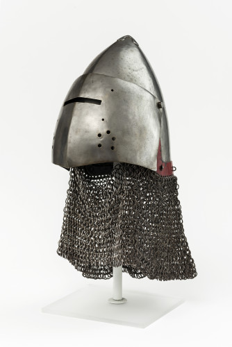 A metal helmet with chainmail below
