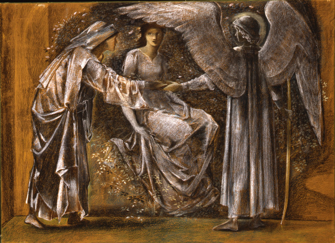 Chalk drawing of two figures and an angel