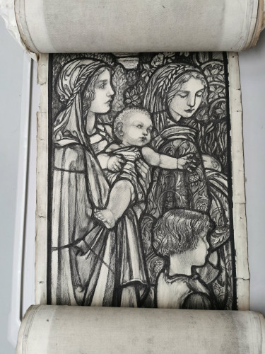 Monochrome stained glass design showing women and children