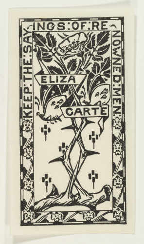 Design for a bookplate depicting a thorned rose and butterfly.