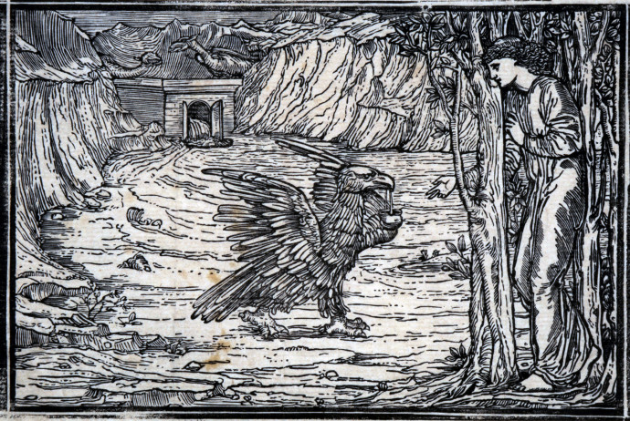 Monochrome print of a figure standing before a mythical bird