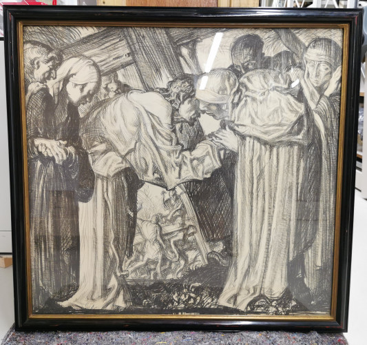 Monochrome design showing man bearing a wooden cross surrounded by solemn figures