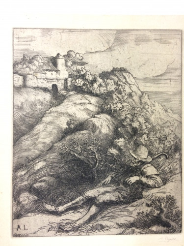 shepherd seated on the floor with farm beyond