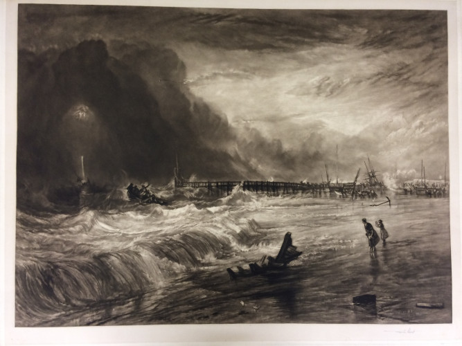 figures on the beach look out at stormy sea and boat with people
