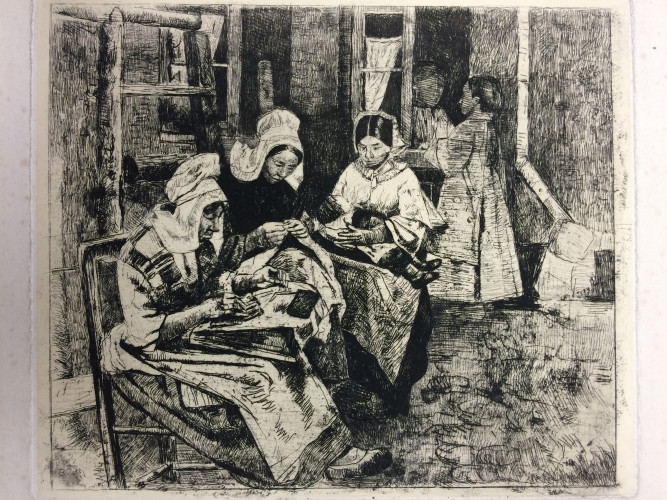 women in caps seated making lace