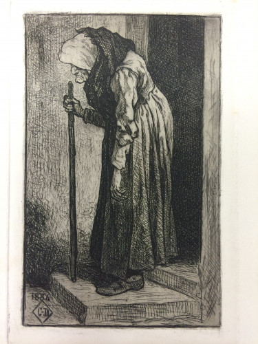 elderly woman with stick in doorway