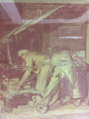 Two men loading bricks into a wheelbarrow