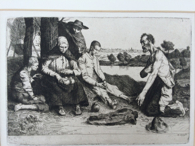 woman and three boys eating and resting while a man is on his knees