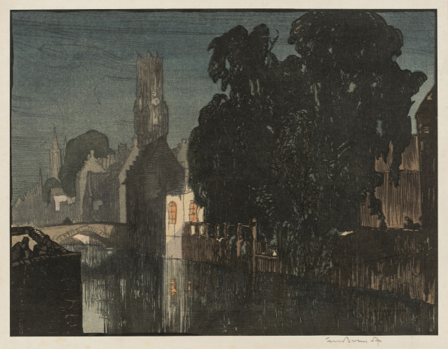 Colour print of a canal with trees and buildings on far bank right, old houses and church background right
