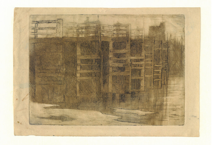 A print of a rudimentary wooden bridge