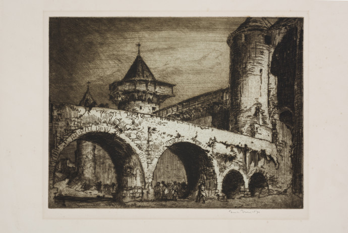 Arched bridge over dry moat with figures passing through arches foreground, castle with fortified towers background
