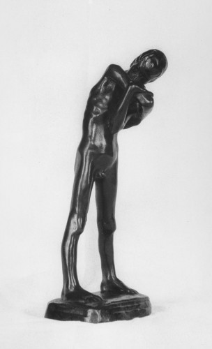 Nude boy standing with feet placed apart, the upper torso bending slightly to the right and downward, the arms held in front of the body and wrapped around one another, the head resting pensively on the upper arm. Front view.