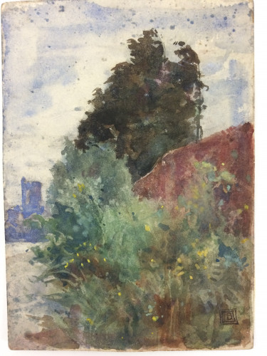 Trees and house on river with tall buildings beyond