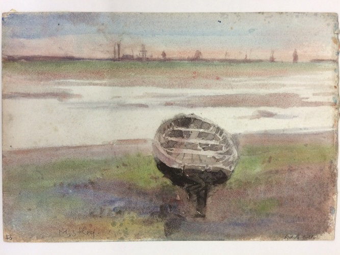 Boat beached with water and marshy land beyond