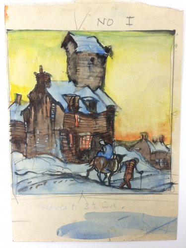 Woman riding a donkey led by man in snowy landscape past lit buildings