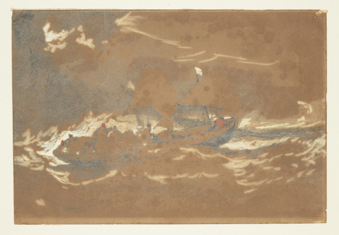 Ship in brown sea with brown sky