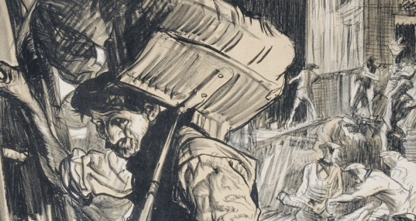 Lithograph showing a worker up a ladder with others working behind them