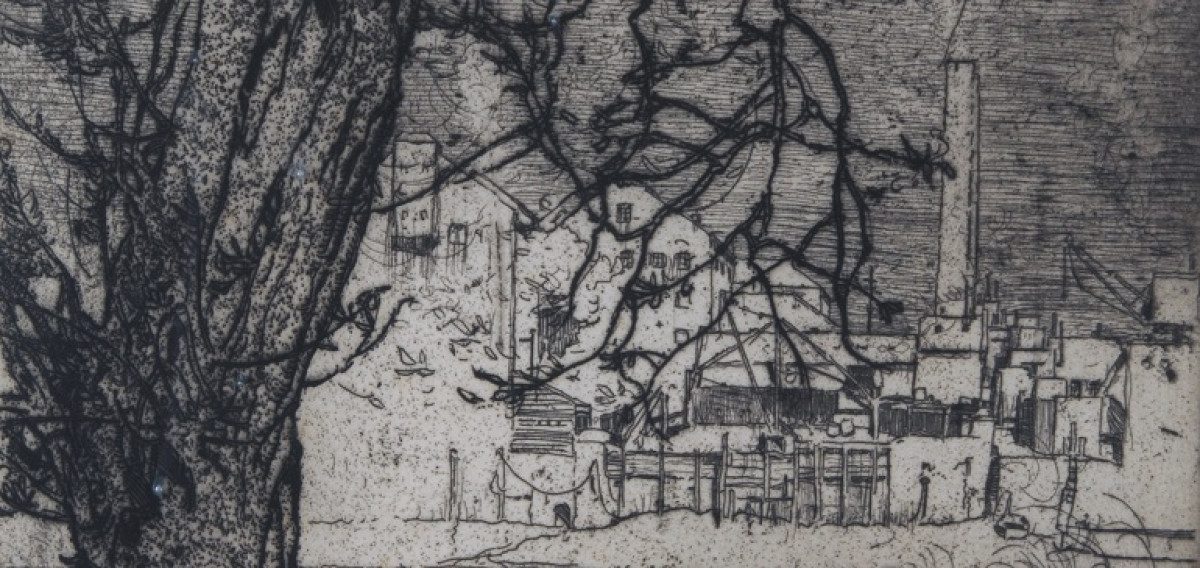 Line illustration of a monument and buildings with a leafless tree in the foreground