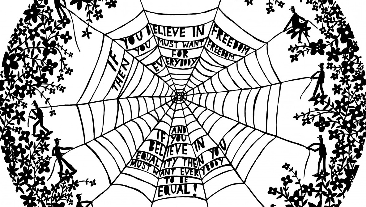 Detail from Rob Ryan, If You Believe In Freedom, with the phrase 'If you believe in freedom then you must want freedom for everyone' written on a spider web