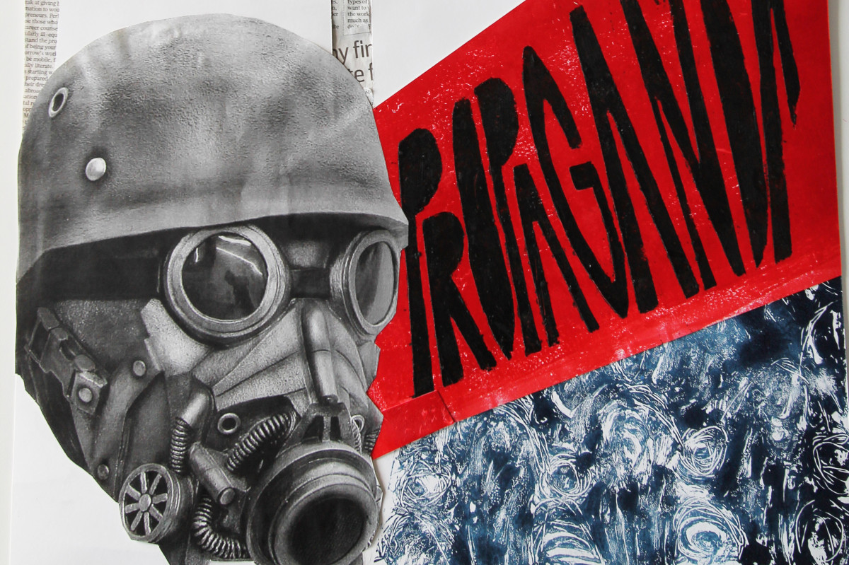 Close up monochrome illustration of a face with gas mark and soldiers helmet in front of newspaper cuttings and the word propaganda on a red banner