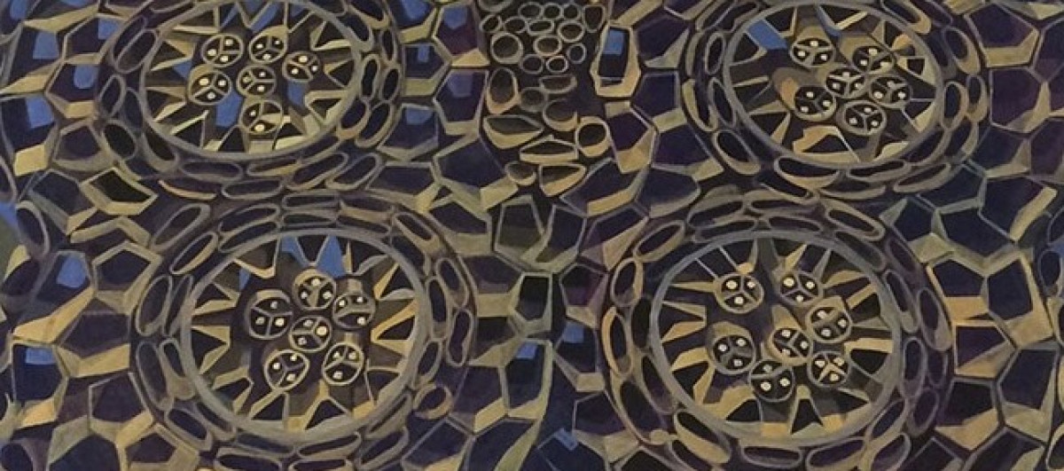 Close up on pattern featuring recurring ovals and geometric shapes