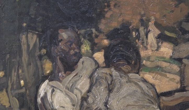 Two men pushing an olive press