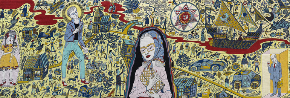 A woman wearing a headscarf is surrounded by images depicting consumerism