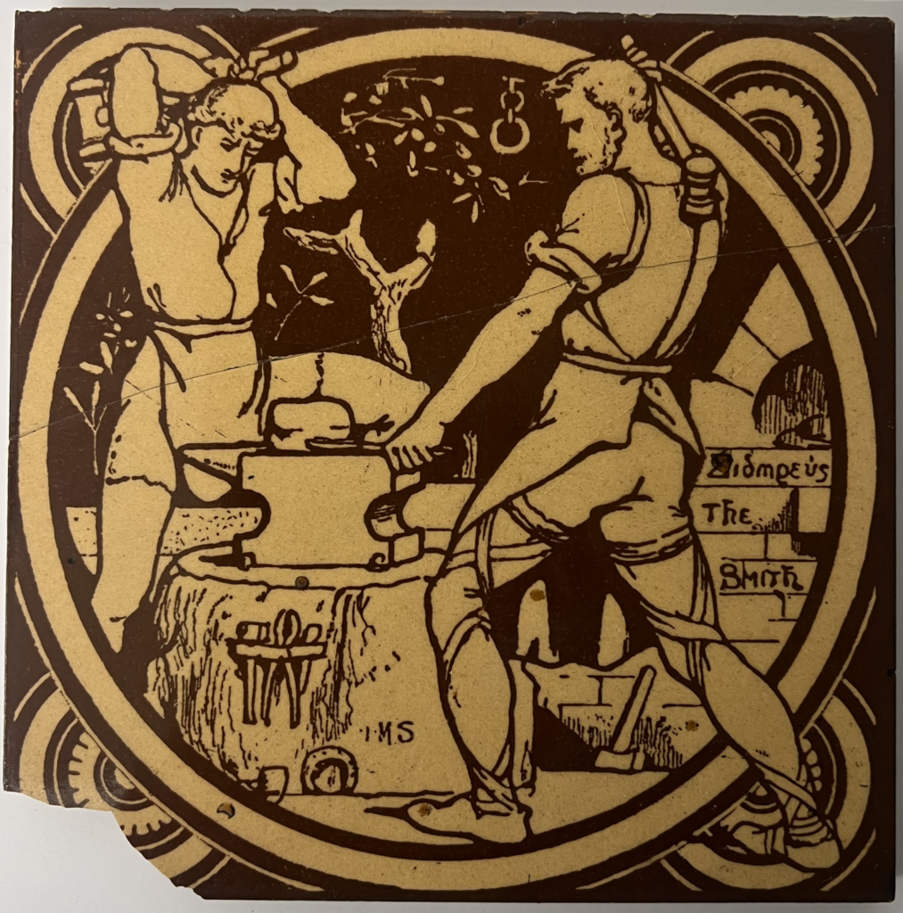 yellow and brown tile showing two men hammering on an anvil