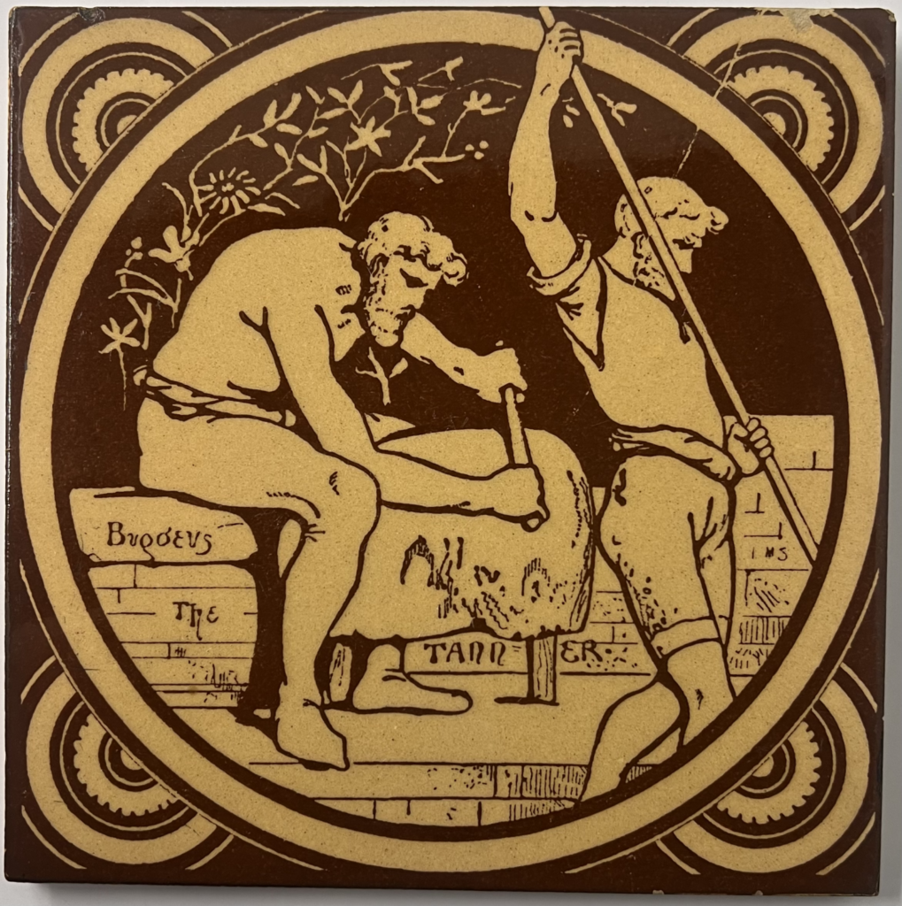 yellow and brown tile showing two men, one seated with hide