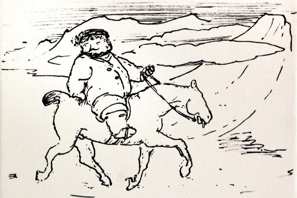 William Morris on pony in Iceland 1870 cartoon by Edward Burne-Jones